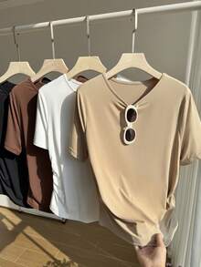 Comfortcana Damen Große Größen Einfarbiges Rundhals Kurzarm Casual Vielseitiges T-Shirt - Verschiedenfarbig - Übersicht 5