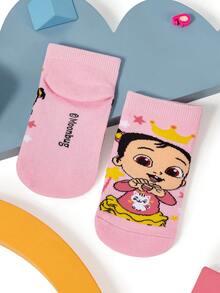 CoComelon X SHEIN 2 Pairs Girls Cotton Soft & Breathable Moisture-Wicking Toddlers & Kids Short Socks Pink&White Cute Cartoon Pattern Ankle Socks Reinforced Toe & Heel For Durability All Seasons All-Match School & Outdoor Summer Winter - Multicolor - View 6