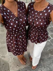 Lounesse Plus Size Women's Polka Dot Pattern Ruffle Trim Round Neck Blouse, Suitable For Summer Dates And Travel Wedding Guest Blouse For Women Graduation Blouse Elegant Blouse For Women Brown Blouse Women Polka Dot Blouse Women Brown Polka Dot Top Blouse For Women Casual Elegant Blouses For Women Casual - Brown - View 8
