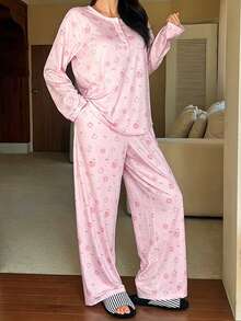 DAZY Set de pijama de 2 piezas con estampado de conejo y flor de cerezo, de manga raglán suelta y pantalón de manga larga para mujer - Rosa - Ver 4