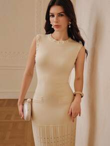 ZEYLAH Elegant Beaded Sleeveless Maxi Knit Dress, Summer - Light Yellow - View 6