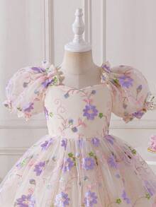 Glamorique Kids Baby Purple Summer Flower Girl Young Girl Princess Elegant Embroidered Dress,Luxurious Party Gown,French Petal Sleeve Floral Embroidery Tulle Skirt - Apricot - View 7