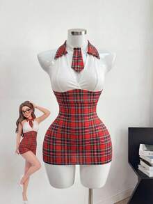 Fantasy Costume 2pcs American College Plaid Top, Skirt And Bow Tie Lingerie Set - Red and White - View 1
