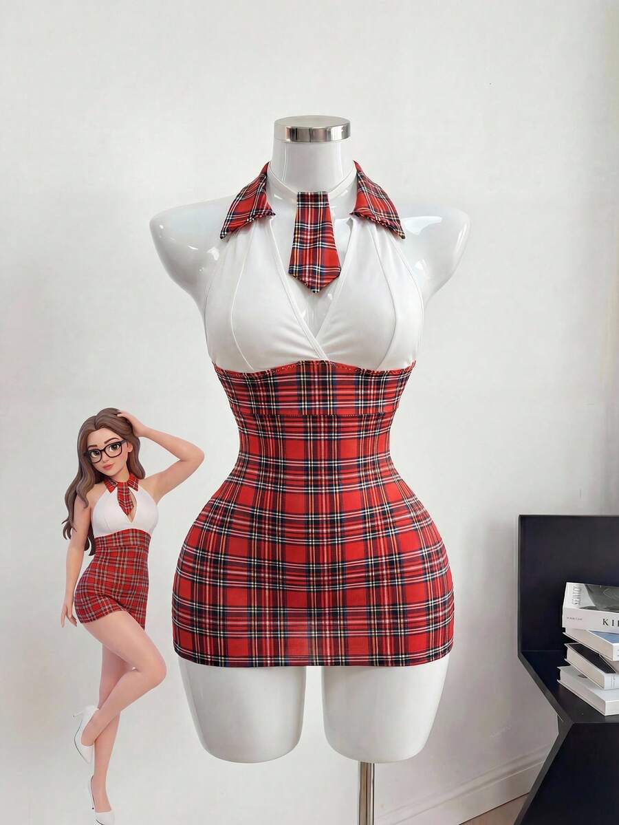 Fantasy Costume 2pcs American College Plaid Top, Skirt And Bow Tie Lingerie Set - Red and White - View 1
