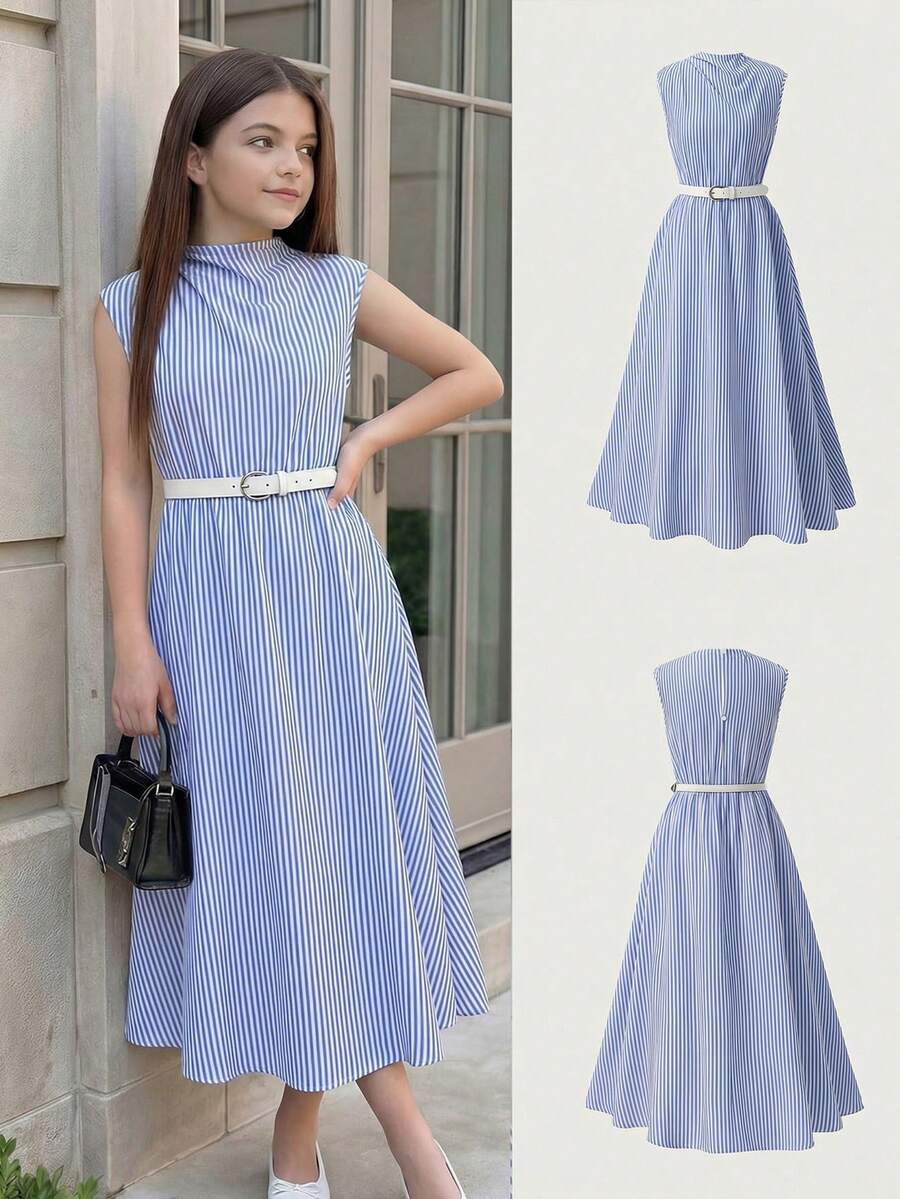 SHEIN 少女条纹翻领短袖休闲连衣裙