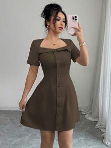 Elenzga Women's Elegant Trapezoid Collar Ruffle Buttoned Waist A-Line Short Sleeve Mini Dress, Suitable For Work, Spring/Summer - Brown - View 6