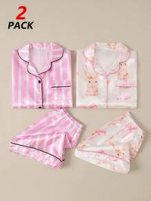 4-Piece Girls Pink And White Striped,Summer,Cute,Home Wear,Sleep Pajamas Set,Rabbit Cartoon Print Satin Short Sleeve Shorts Sleepwear Loungewear - Multicolor - View 4