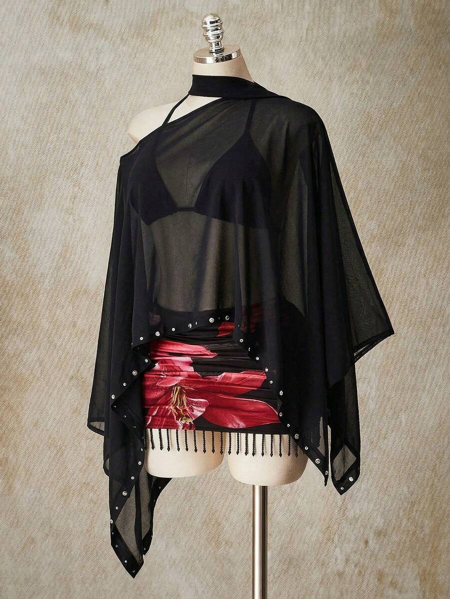 SHEIN ICON Áo kiểu nữ cỡ lớn thời trang đính đinh tán, gợi cảm, xuyên thấu. - màu đen - Xem 1