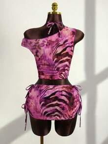 Zestiva Bộ bikini 4 mảnh gợi cảm họa tiết da báo hở lưng buộc dây dành cho nữ, thích hợp cho kỳ nghỉ biển. - Màu Hồng Tươi - Xem 2