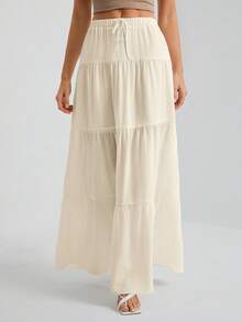 SHEIN Tall Chân váy nữ màu trắng dệt kim, dáng xòe rộng, lót trắng, thích hợp cho kỳ nghỉ và đi chơi. - Màu be - Xem 5