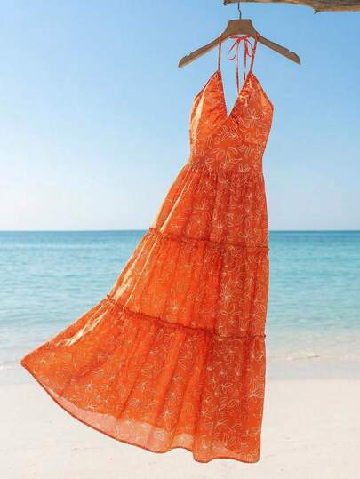 GlowEve 女士无袖V领收腰A字印花连衣裙，适合海滩度假、旅行、摄影，必备无袖A字长裙