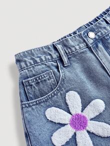 Girlism Teen GirlFloral Embroidered Pattern Blue Denim Loose Wide Leg Shorts - Medium Wash - View 4