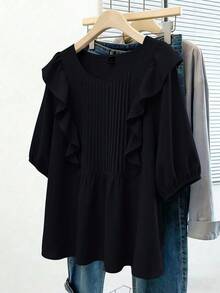 GlowEve CURVE Plus Size Women Solid Color Patchwork Ruffle Pleated Design Loose Blouse - Black - View 7
