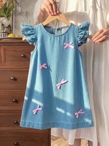 SHEIN Young Girl' Pink Ribbon Cute Bow Accent Blue Denim Cap Sleeve Dress,Kid Girls Spring And Summer Casual Vacation Boho - Dark Wash - View 1