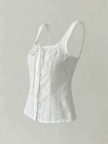 SHEIN CovetEZ Women's Vacation Embroidered Tie Front Sleeveless Blouse See Through Top White Lace Up Top See Through Tops Eyelet Blouse Lace Up Top Cafe Outfit Casual Summer Outfits Women Coffee Date Outfit Trending Outfit Nice Outfit Women's Shirts For Summer Women's Tops And Blouses Women's Summer Outfits Women Outfit - White - View 3