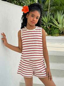 Tween Girl Red And White Summer Funny Tropical Vacation Holiday Knit Basic Sleeveless Top With Bow Decor & Shorts 2-Piece Set,Girls Two Piece Outfits - Red and White - View 3