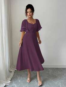 Modelyn Women's Solid Butter Yellow Chiffon Ruffle Sleeve Design Summer French Style Vacation Dress - Purple - View 6