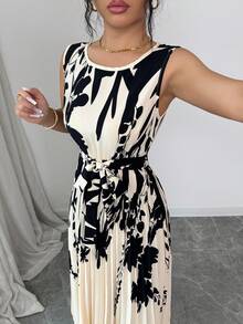 SHEIN Elenzya Đầm midi dáng xòe không tay, ôm sát, có nơ, màu mơ, thanh lịch dành cho nữ, thích hợp cho mùa xuân/hè. - Màu be - Xem 6