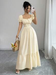 Elenzga Đầm tay phồng bằng vải dệt nhăn mới, có dây buộc phía trước và xếp ly phía sau, thắt eo, dáng suông tôn dáng, thanh lịch và trẻ trung, thích hợp cho kỳ nghỉ hoặc những dịp thường ngày dành cho phụ nữ. - Màu be - Xem 4