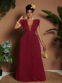 大码V领短袖褶皱露背优雅连衣裙 - 酒紅色 - 查看 6