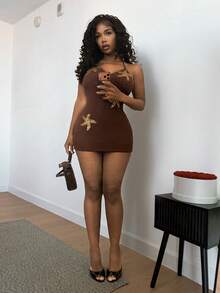 BamGleam Starfish Applique Fitted Halter Neck Sexy Backless Summer Dress - Brown - View 3