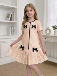 Elladie kids Tween Girl Round Neck Bow Decor Pleated Fashion Party & Casual Dress - Khaki - View 9