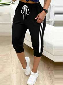 SHEIN LUNE Plus Size Women Drawstring Waist Skull Print Casual Versatile Capri Pants - Black - View 3