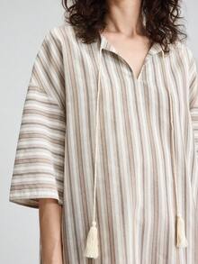 Ontre Blue And White Striped Tassel Tie-Up Short Sleeve Side Slit Summer Casual Vacation Women's Dress Elegant Minimalist Urban Commute Beach Holiday Party - Multicolor - View 3