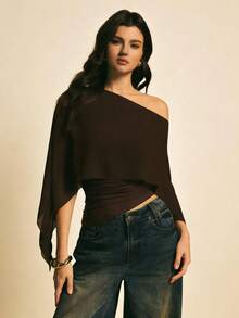 Blusa de moda con diseño asimétrico de hombros en unicolor para mujer - Marrón - Ver 5