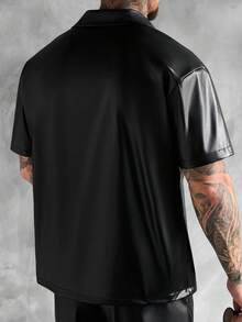 SLATEMANN Men's Solid Color PU Leather Zipper Casual Versatile Daily Wear Short Sleeve Shirt - Black - View 2