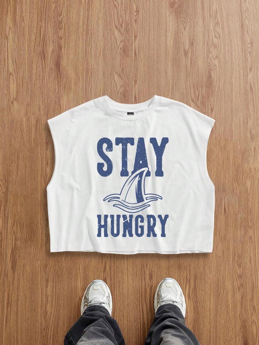 Manfinity Joysei Camiseta de tirantes corta y ancha con gráfico minimalista de tiburón en color blanco, adecuada para el verano y actividades al aire libre - Blanco - Ver 1