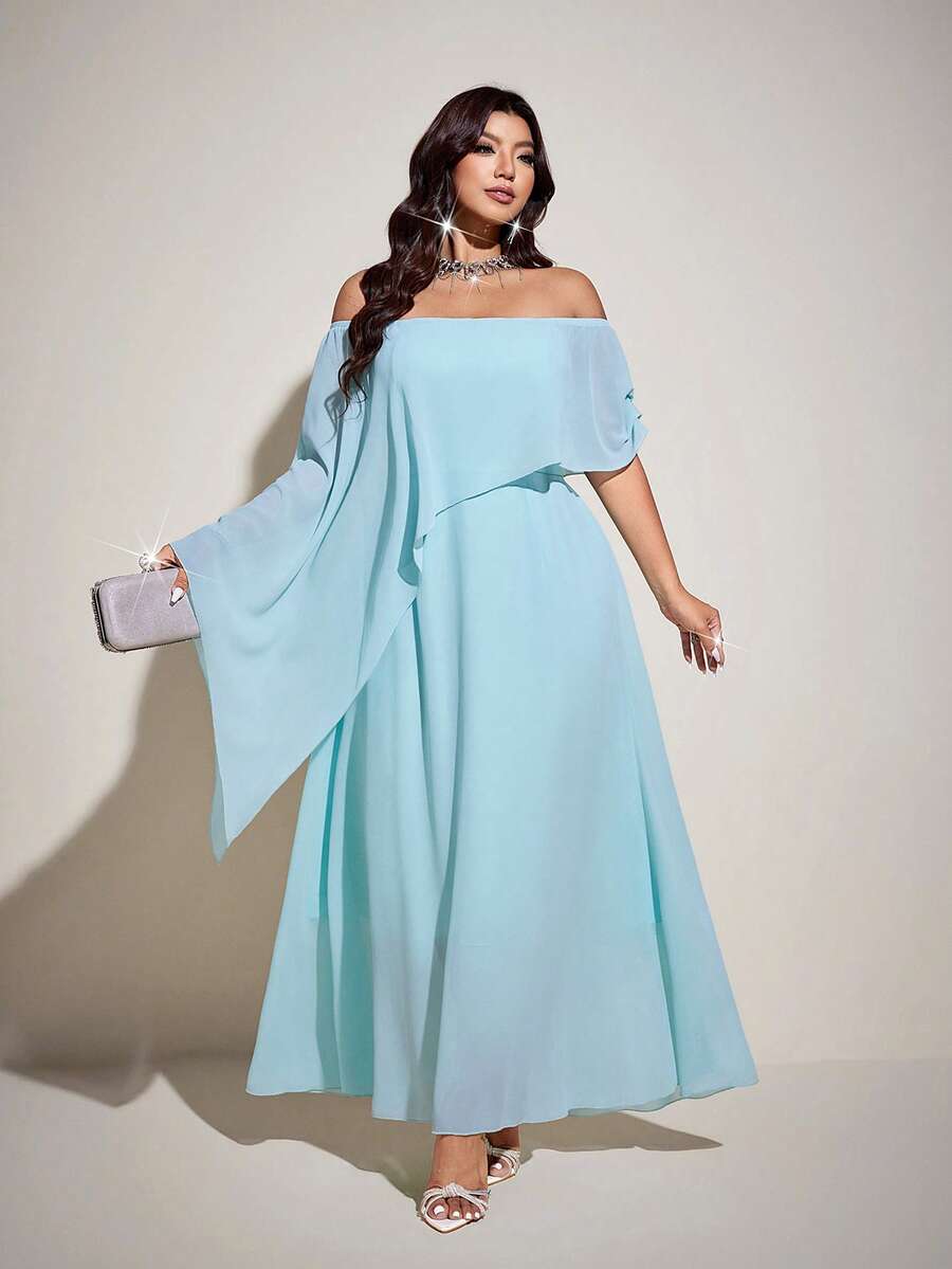 Viva Relle Plus Size Asymmetrical Off-Shoulder Fitted Vacation Dress, Spring/Summer - Mint Green - View 1