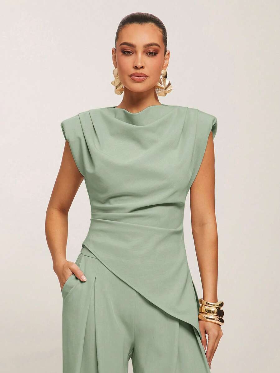 Silquee Top décontracté polyvalent pour usage quotidien avec ourlet asymétrique de couleur unie pour femmes - Vert menthe - Voir 1