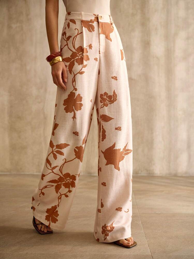 WOMEN'S LONG LINEN BLEND PRINTED SUIT PANTS