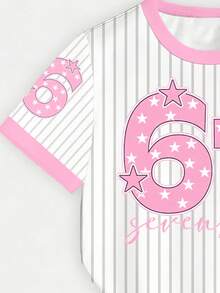 Spring And Summer 2-Piece Set For Young Girls, Casual Fashion Creative Personalized Refreshing Cute Minimalist Star & Vertical Stripe Patchwork Print T-Shirt And Bike Shorts, Comfortable Daily Wear - Multicolor - View 8