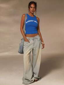 Athîral Women's Embrodiered Slogan Racer Vest Casual Top - Blue - View 3