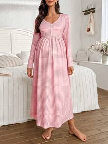 Moonlight&Mama Striped Print Buttoned V-Neck Long Sleeve Casual Maternity Nightgown - Dusty Pink - View 5