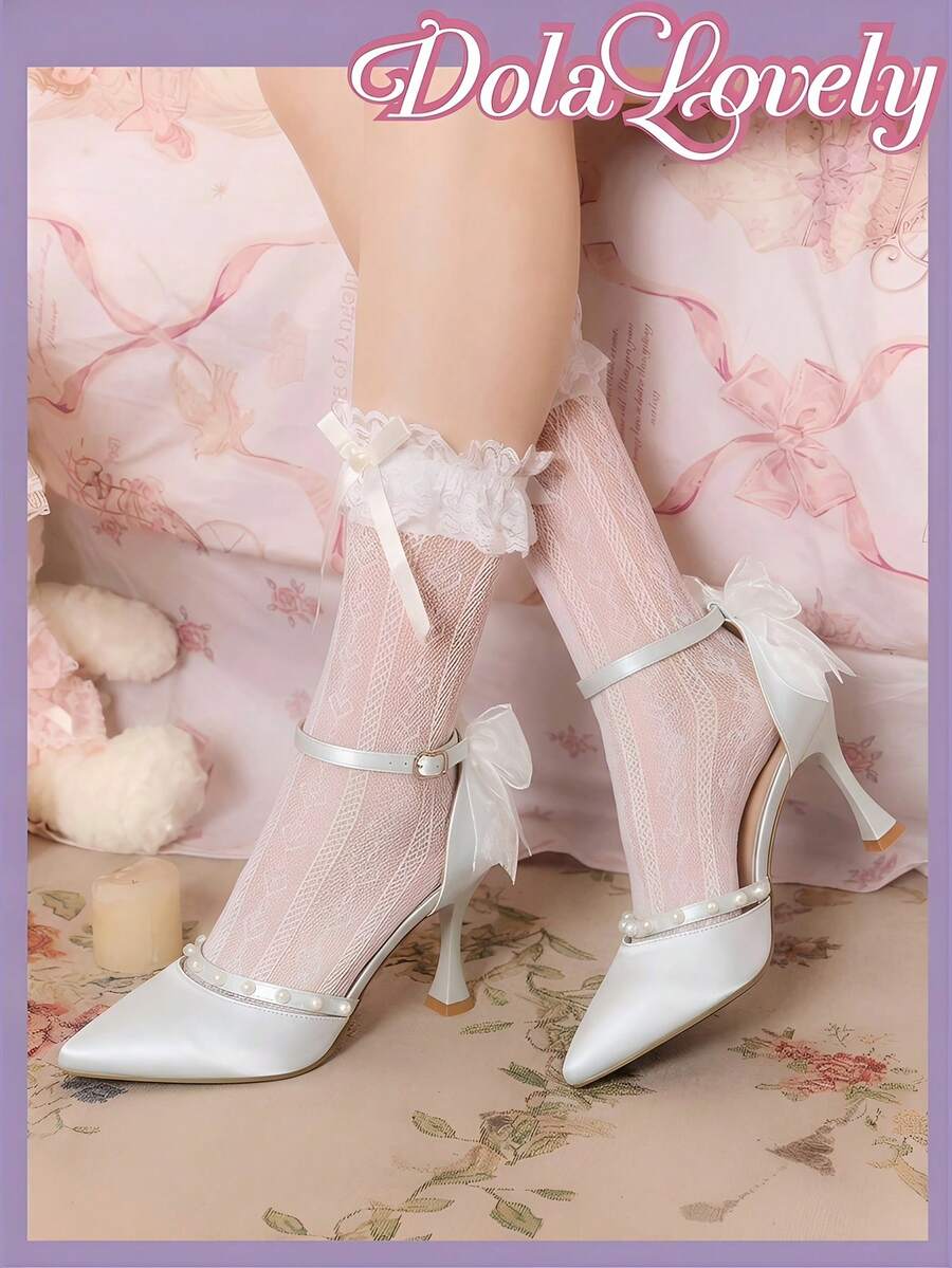Dola Lovely Giày cao gót mũi nhọn bằng satin màu xanh nhạt đính ngọc trai dành cho nữ, có quai lưới, kiểu dáng thanh lịch. - Màu xanh nhạt - Xem 1