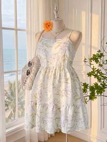 Comfortcana Đầm hai dây dáng rộng, thanh lịch, in hoa, viền bèo nhún, thích hợp cho mùa hè. - Nhiều màu - Xem 1