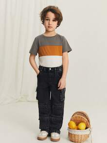 SHEIN Young Boys' Casual Loose Comfortable Versatile Gray Patchwork Contrast Color Round Neck Short Sleeve T-Shirt, Suitable For School, Outing, Sports, Party, Fashion Versatile - Dark Grey - View 6