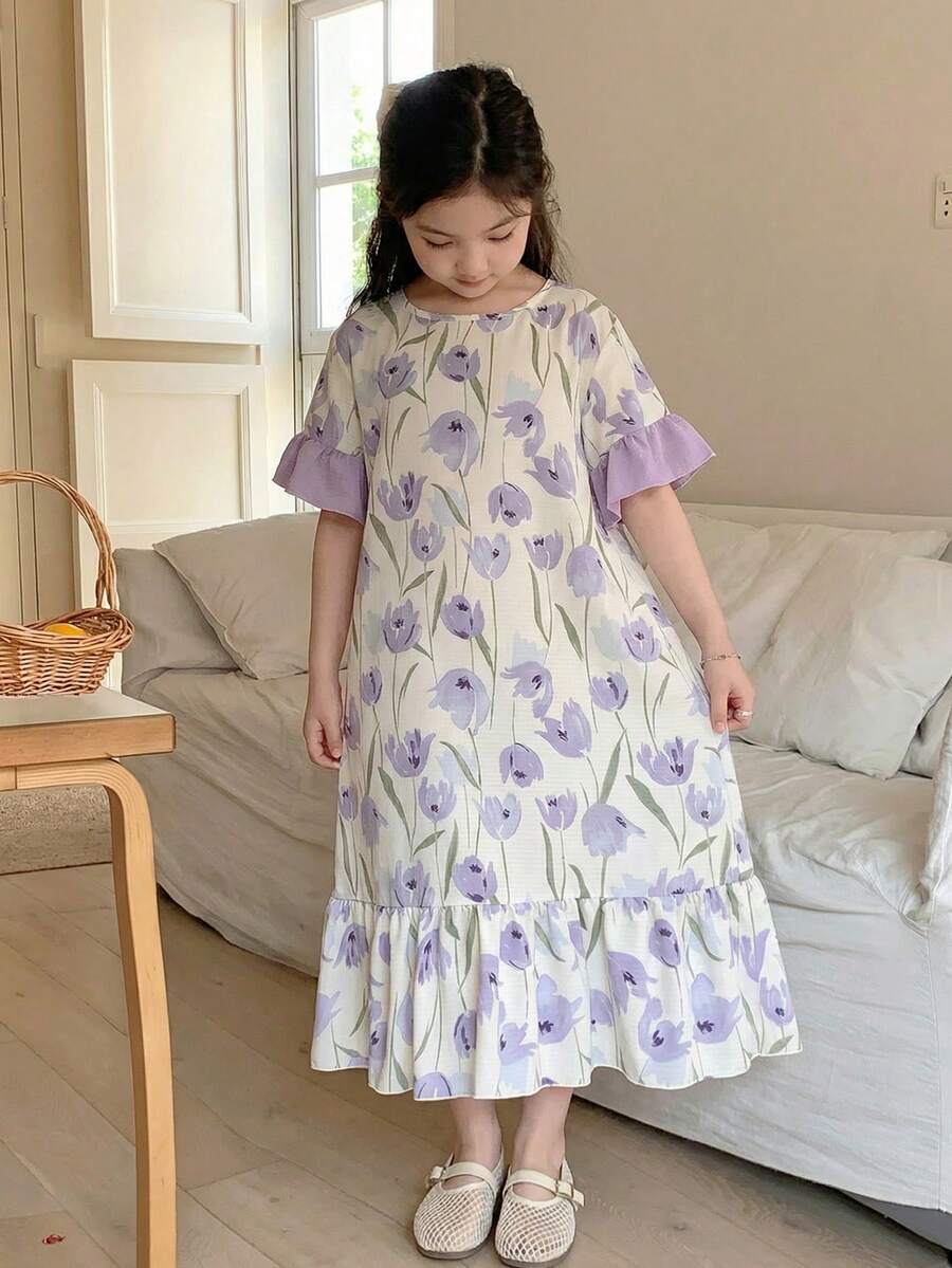 SHEIN 少女碎花休闲家居服连衣裙 - 白色 - 查看 1