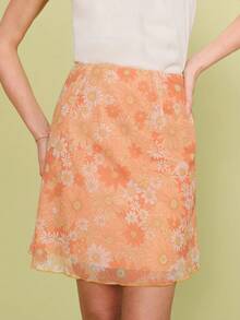 lacRébo 高腰橙色碎花中长裙，可爱春夏风格 - 橘色 - 查看 4