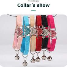 带铃铛的狗狗项圈，闪亮水钻爱心软绒小猫项圈，带铃铛，适合超小型犬、女孩宠物猫，亮粉色 - 玫紅色 - 查看 4