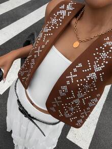 Muchica 女士几何图案开襟休闲背心薄款开衫 - 棕色 - 查看 1