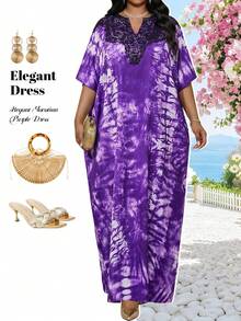 Fleurora Vestido elegante tipo bata de colores morados tejidos para primavera, verano, otoño e invierno con cuello de encaje y talla grande para vacaciones - Morado - Ver 1