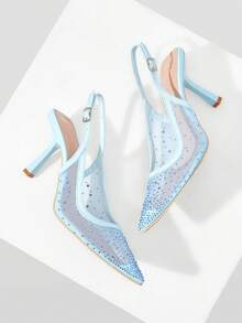 Mnmlis Women's High Heel Pointed Toe Rhinestone Mesh Stilettos, Sexy & Fashionable Spring Shoes Spring Break Easter Prom Heels - Light blue - View 3