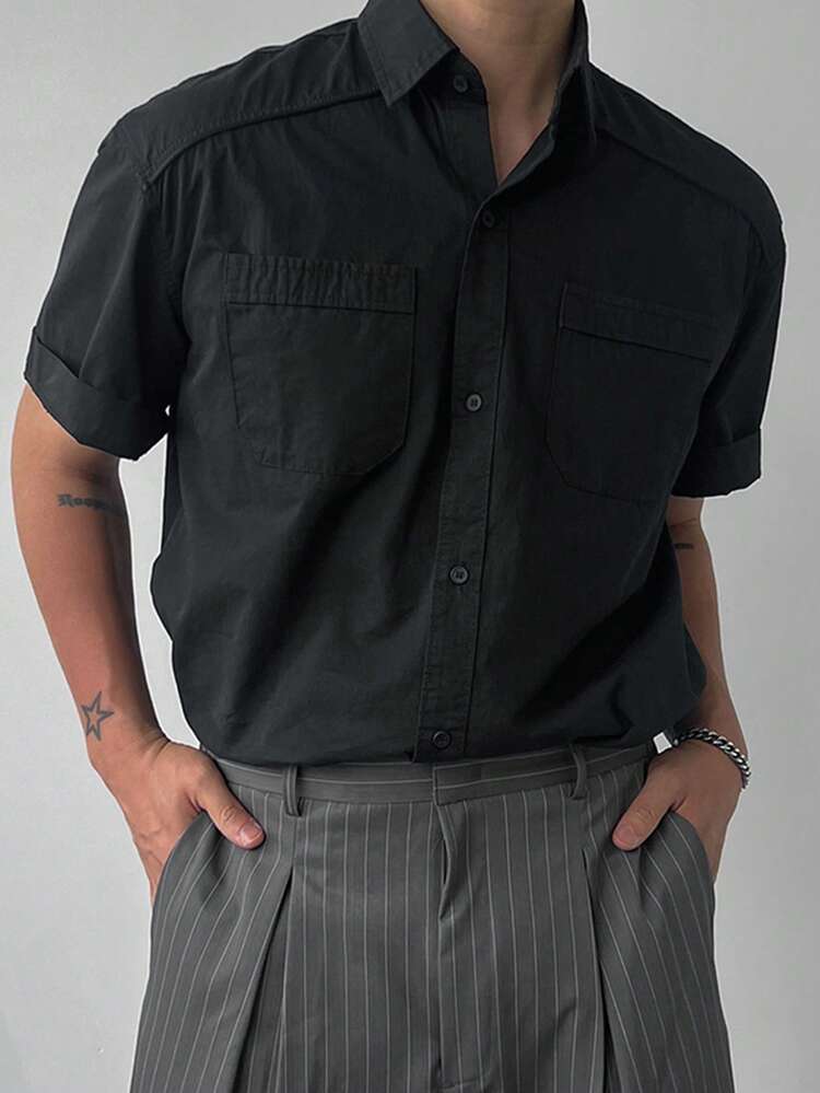 Men's Solid Color Single-Breasted Casual Versatile Daily Wear Short Sleeve Shirt
