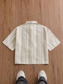 Manfinity Unisex Men's Casual Vacation & Commute Striped Print Embroidered Loose Fit Shirt, Summer - Khaki - View 2