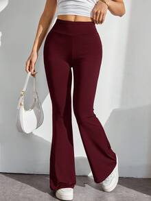 SHEIN PETITE Simple Solid Color Wrap High Waist Flared Pants - Burgundy - View 5