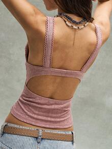 Bohemela 女士休闲针织撞色镂空露背修身背心 - 棕色 - 查看 2